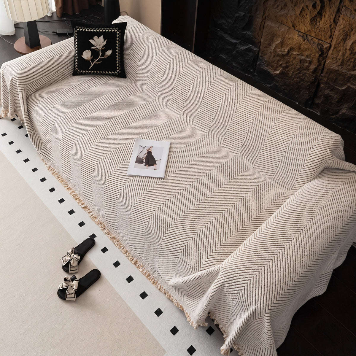 Herringbone Sofa Throw Cover for Couch and Armchair Protection - Slipcovers - Ivory - Seravelle Home