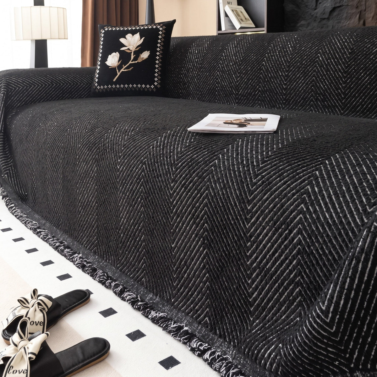 Herringbone Sofa Throw Cover for Couch and Armchair Protection - Slipcovers - Black - Seravelle Home