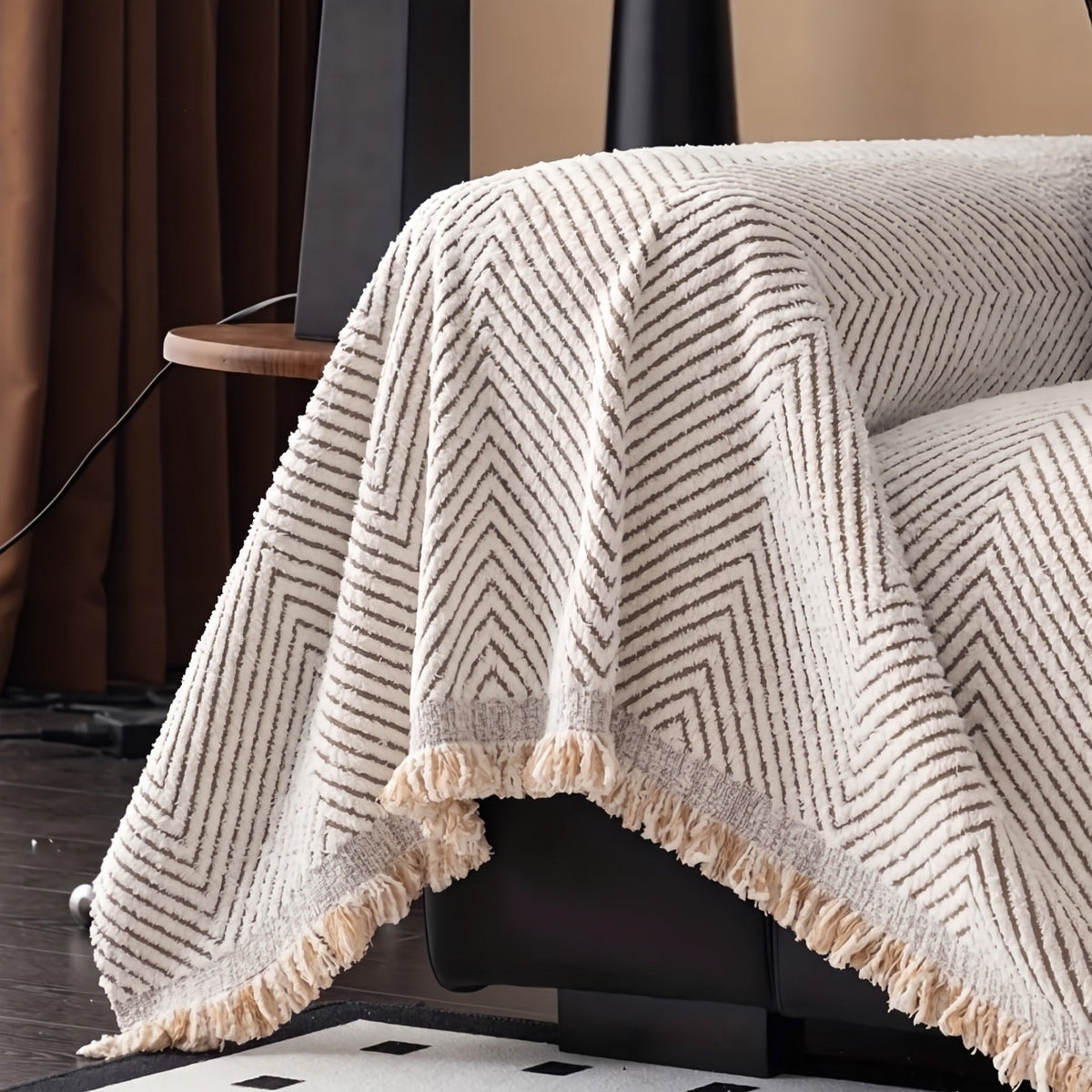 Herringbone Sofa Throw Cover for Couch and Armchair Protection - Slipcovers - Ivory - Seravelle Home