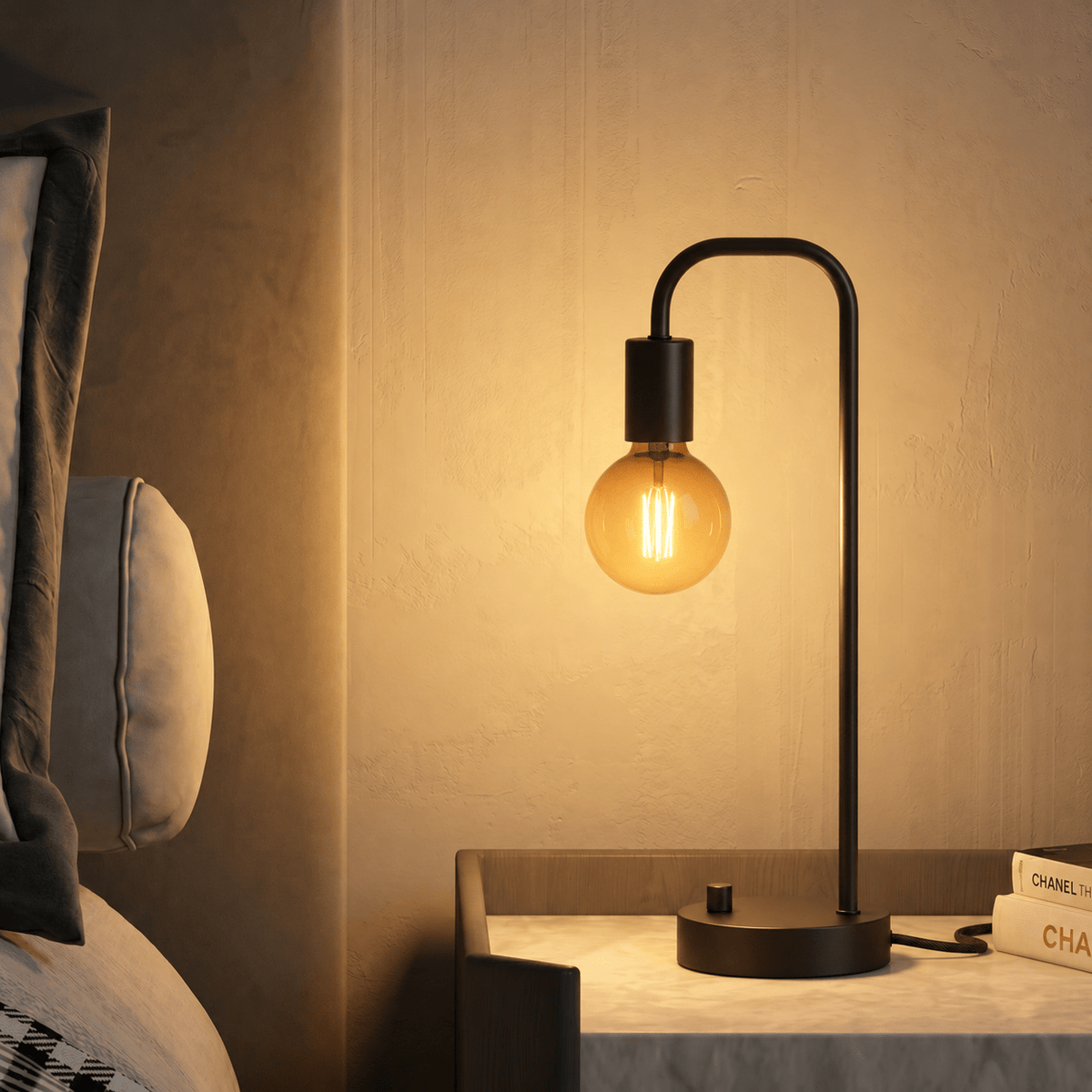 Minimalist Table Lamp with Curved Metal Arm - Table Lamps - Seravelle Home