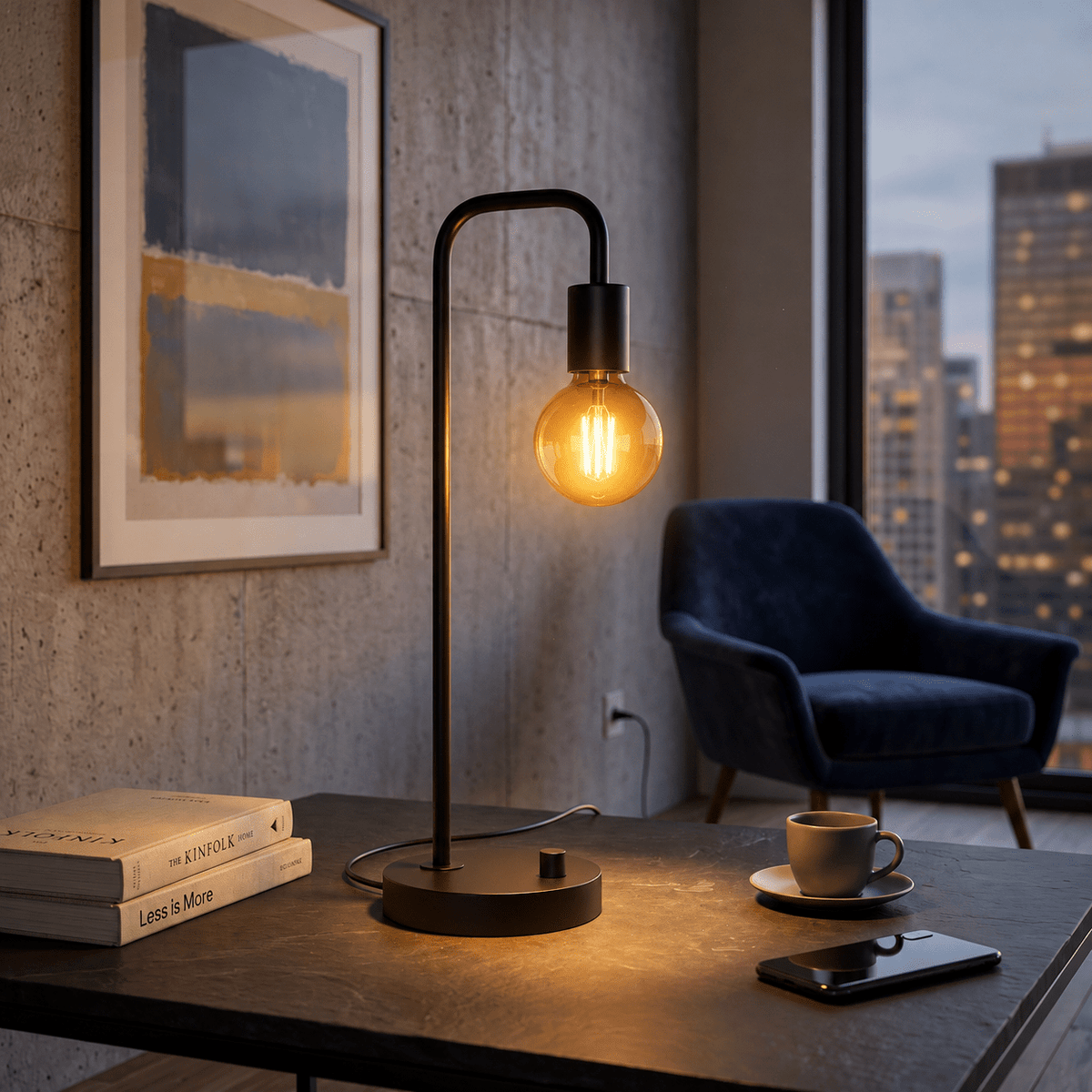 Minimalist Table Lamp with Curved Metal Arm - Table Lamps - Seravelle Home
