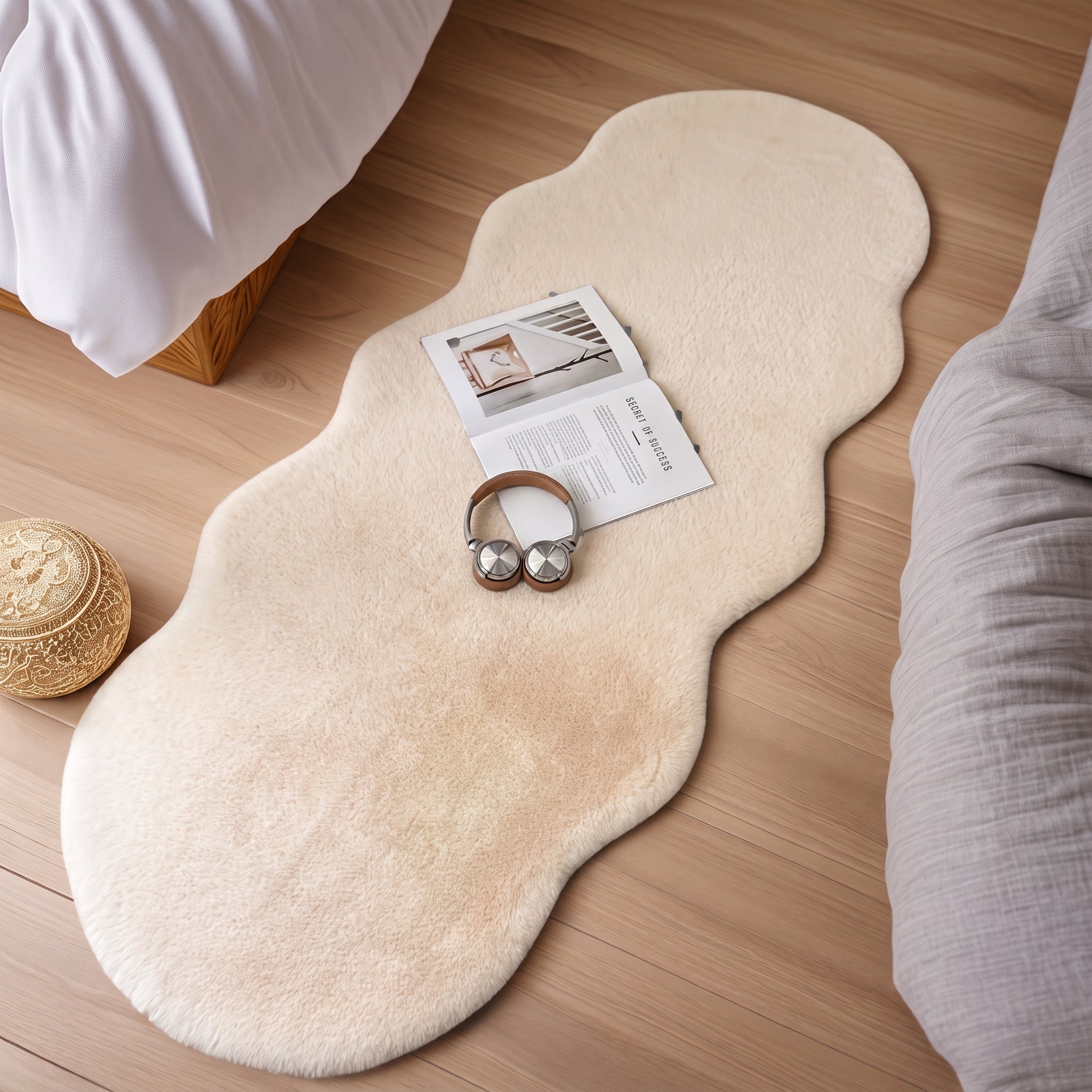 Non-Slip Cozy Soft Plush Rug in Organic Freeform Shape - Wahsable Rug - Cream - Seravelle Home