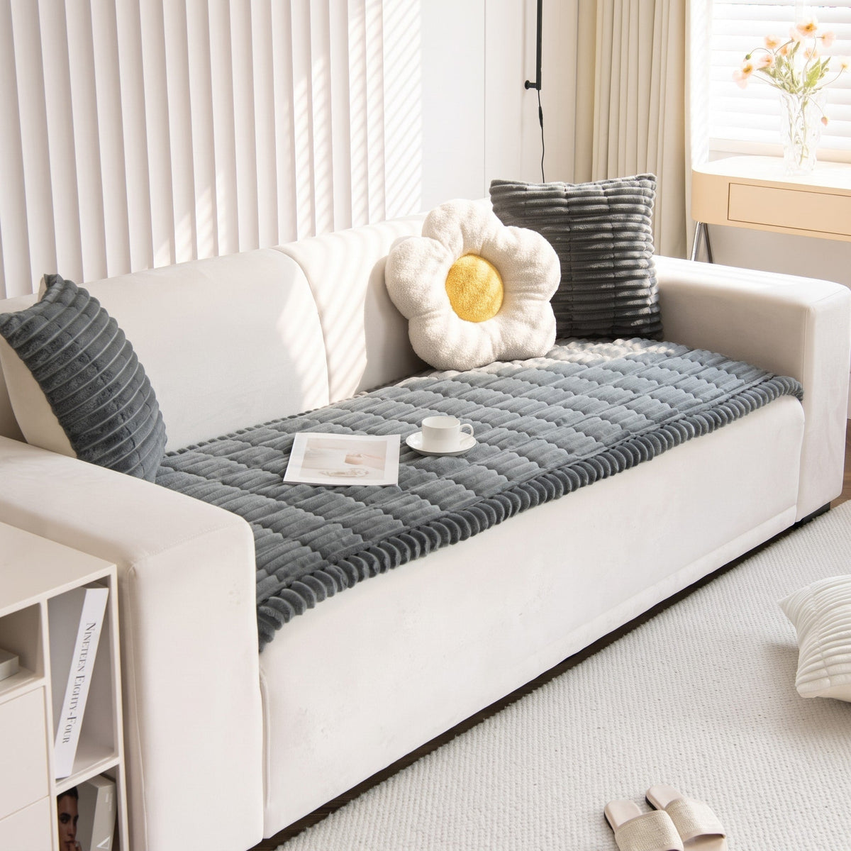 Plush Ribbed Sofa Cover with Non-Slip Backing - Slipcovers - Off-White - Seravelle Home