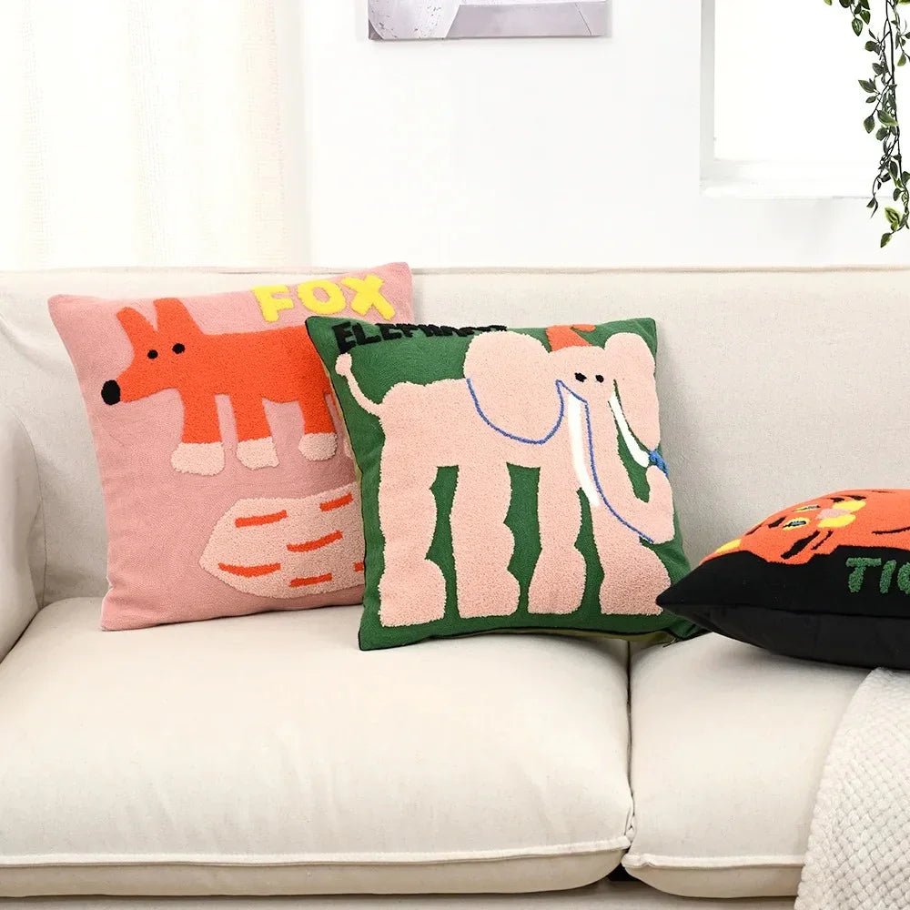 Punch Needle Animal Embroidery Cushion Cover Square Design - Chair & Sofa Cushion Covers - Fox - Seravelle Home