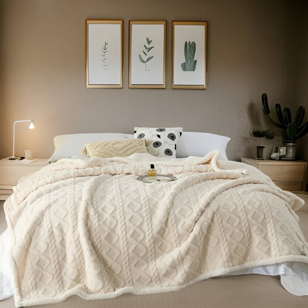 Quilted Reversible Throw Blanket with Plush Border - Blanket - Cream - Seravelle Home