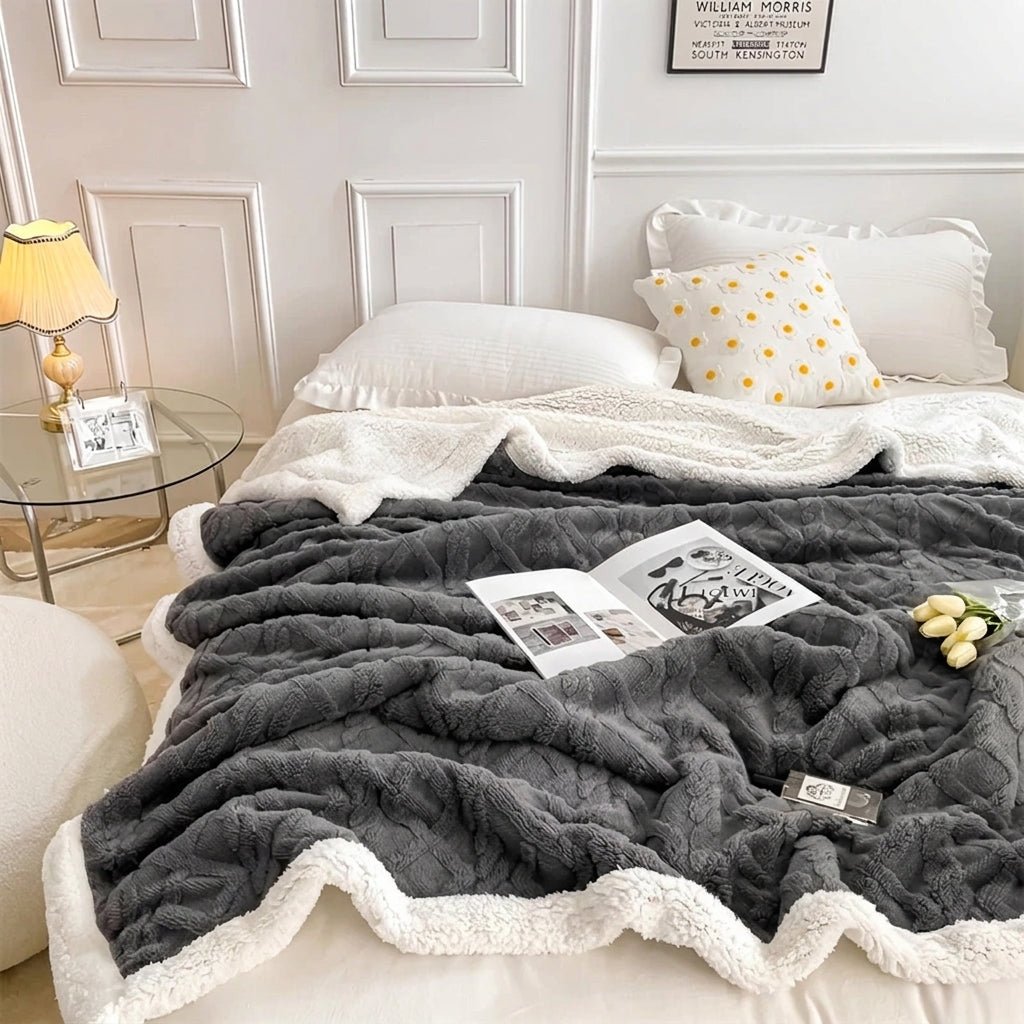 Quilted Reversible Throw Blanket with Plush Border - Blanket - Grey - Seravelle Home
