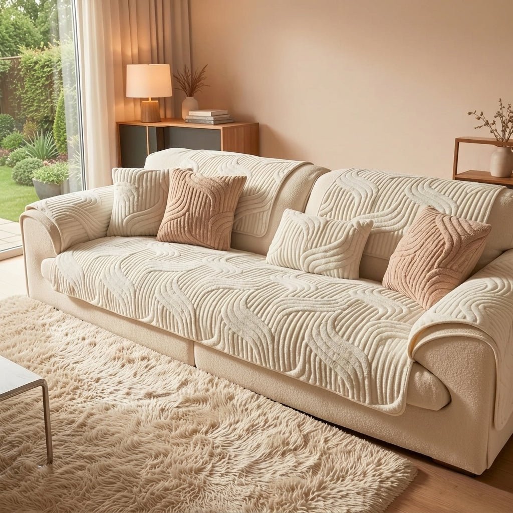 Quilted Sofa Cover with Wave Pattern and Textured Surface - Sofa Cover - Beige - Seravelle Home