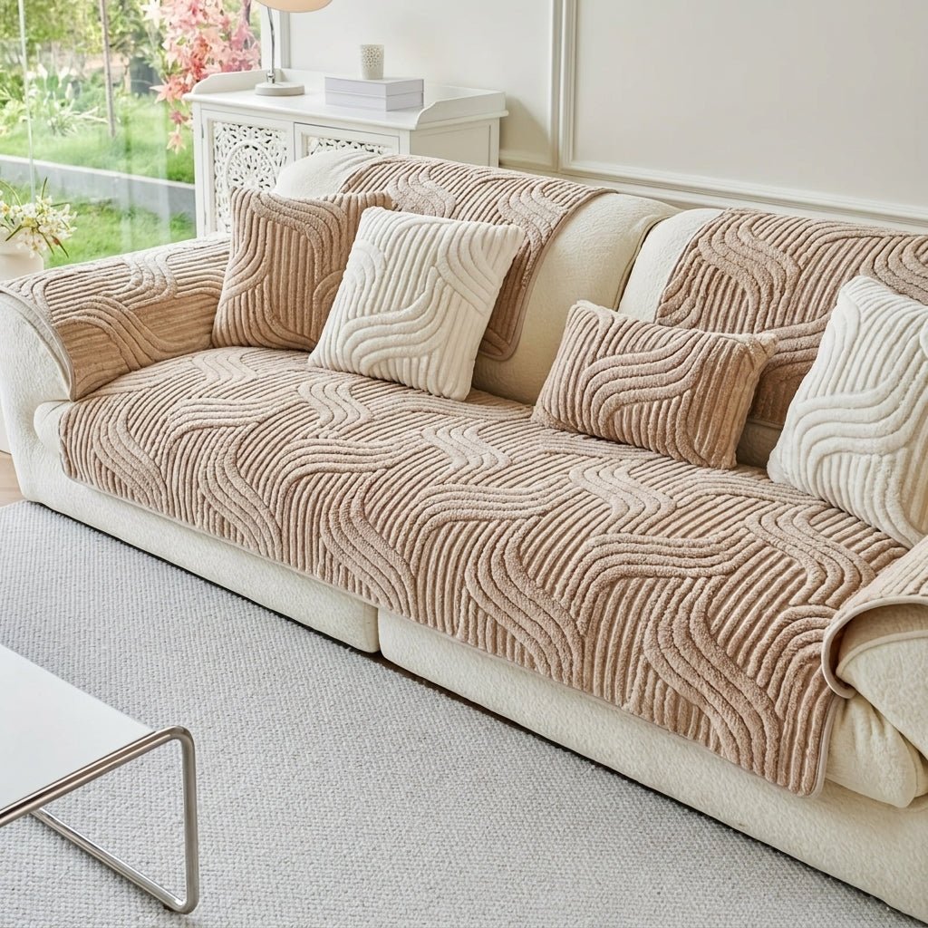 Quilted Sofa Cover with Wave Pattern and Textured Surface - Sofa Cover - Coffee - Seravelle Home