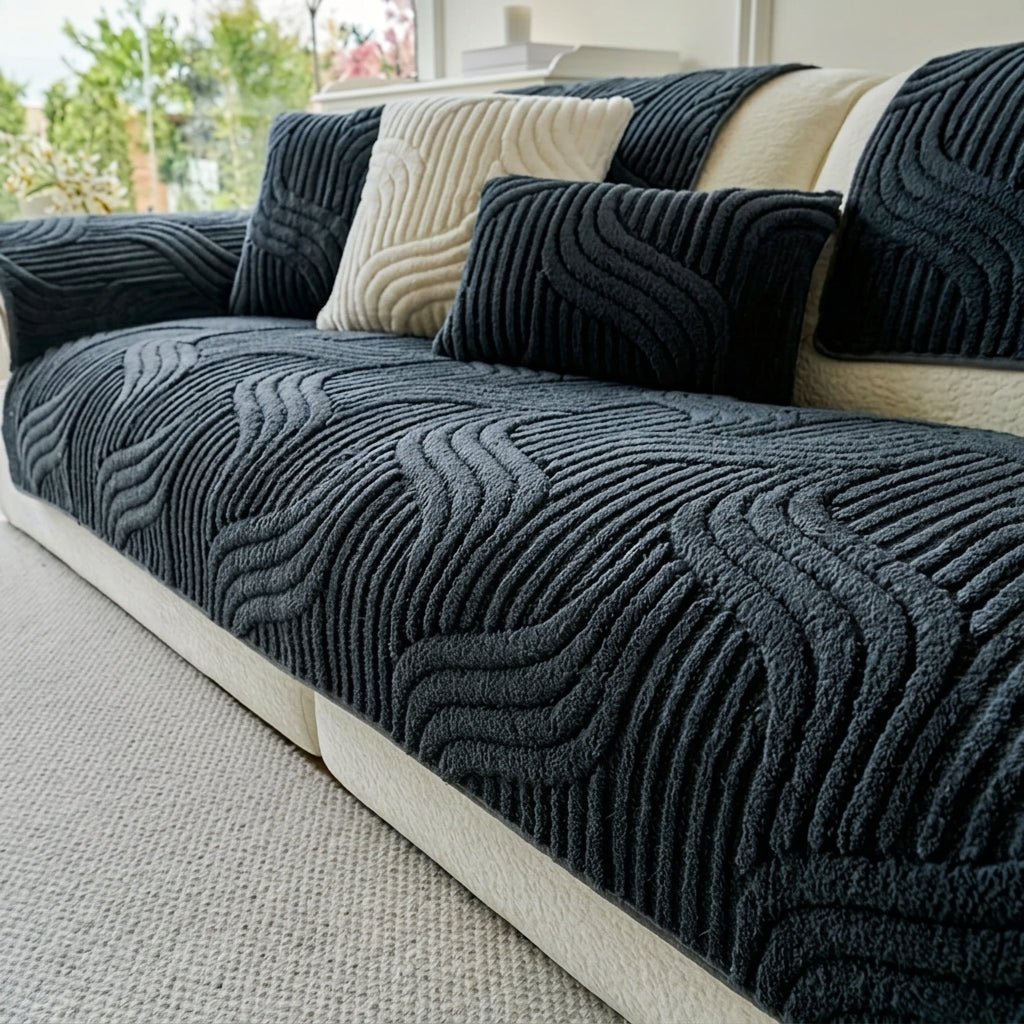 Quilted Sofa Cover with Wave Pattern and Textured Surface - Sofa Cover - Dark Grey - Seravelle Home