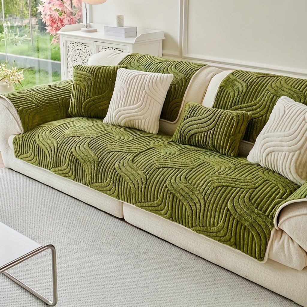 Quilted Sofa Cover with Wave Pattern and Textured Surface - Sofa Cover - Green - Seravelle Home