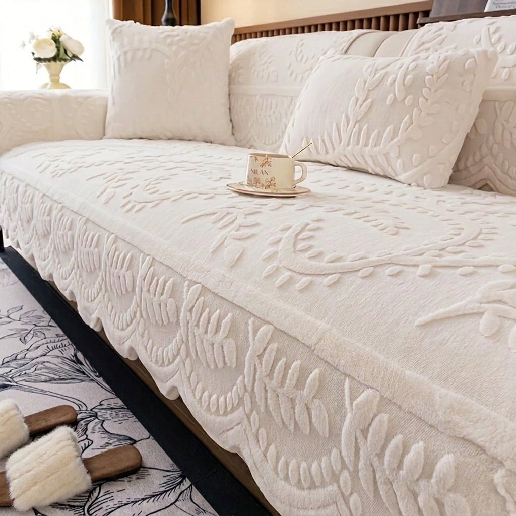 Quilted Sofa Throw Cover with Floral Pattern and Wavy Hem - Sofa Cover - Cream - Seravelle Home