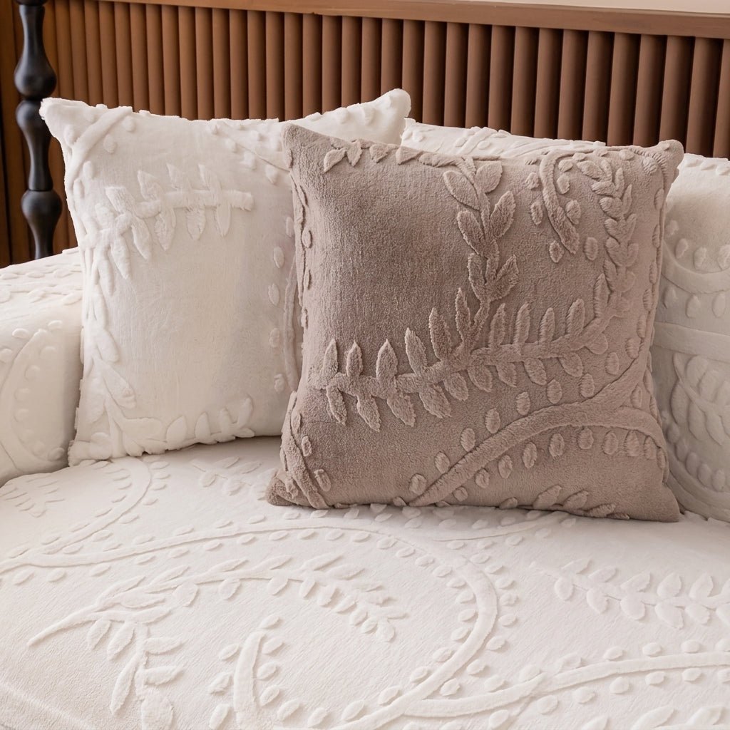 Quilted Sofa Throw Cover with Floral Pattern and Wavy Hem - Sofa Cover - Cream - Seravelle Home