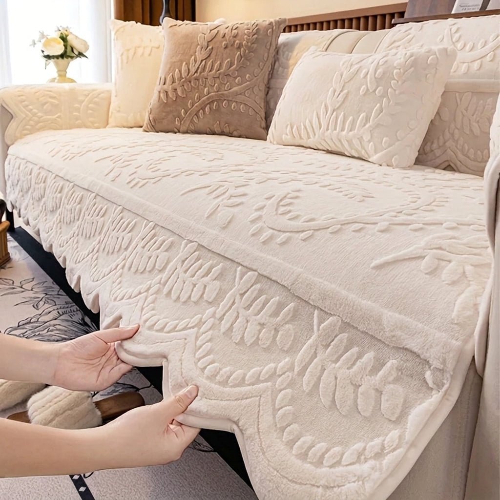 Quilted Sofa Throw Cover with Floral Pattern and Wavy Hem - Sofa Cover - Cream - Seravelle Home
