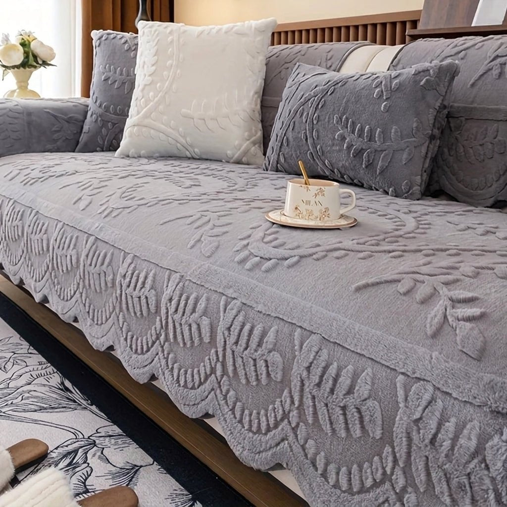 Quilted Sofa Throw Cover with Floral Pattern and Wavy Hem - Sofa Cover - Grey - Seravelle Home