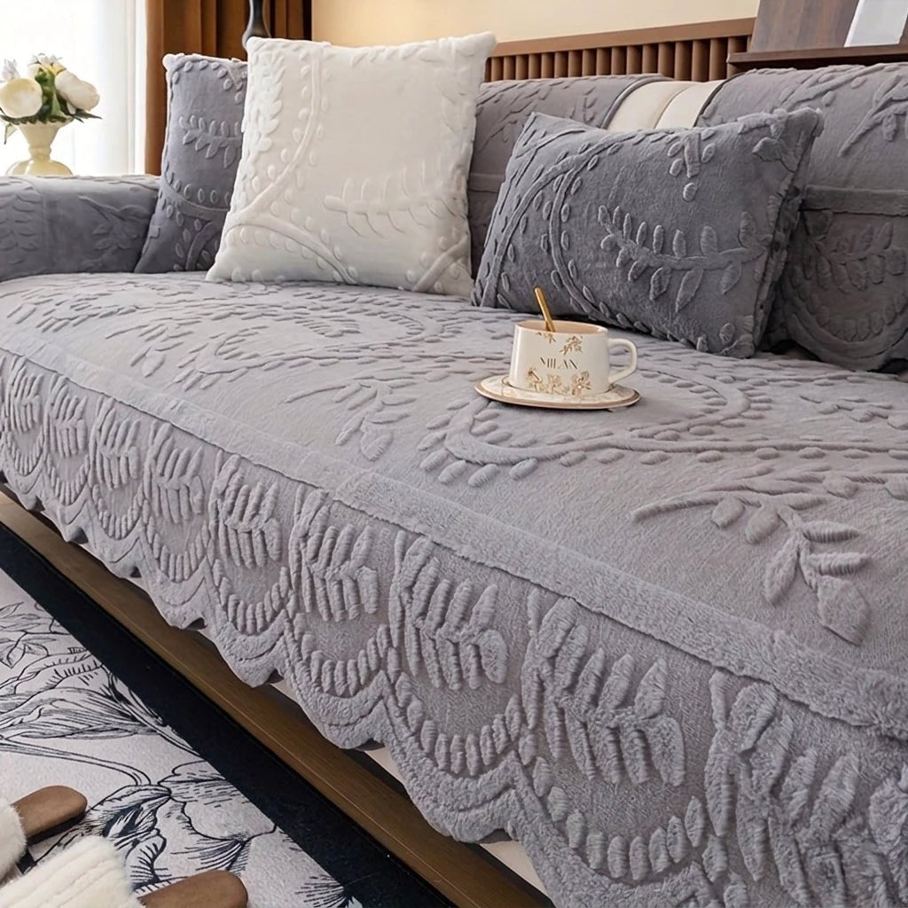 Quilted Sofa Throw Cover with Floral Pattern and Wavy Hem - Sofa Cover - Brown - Seravelle Home