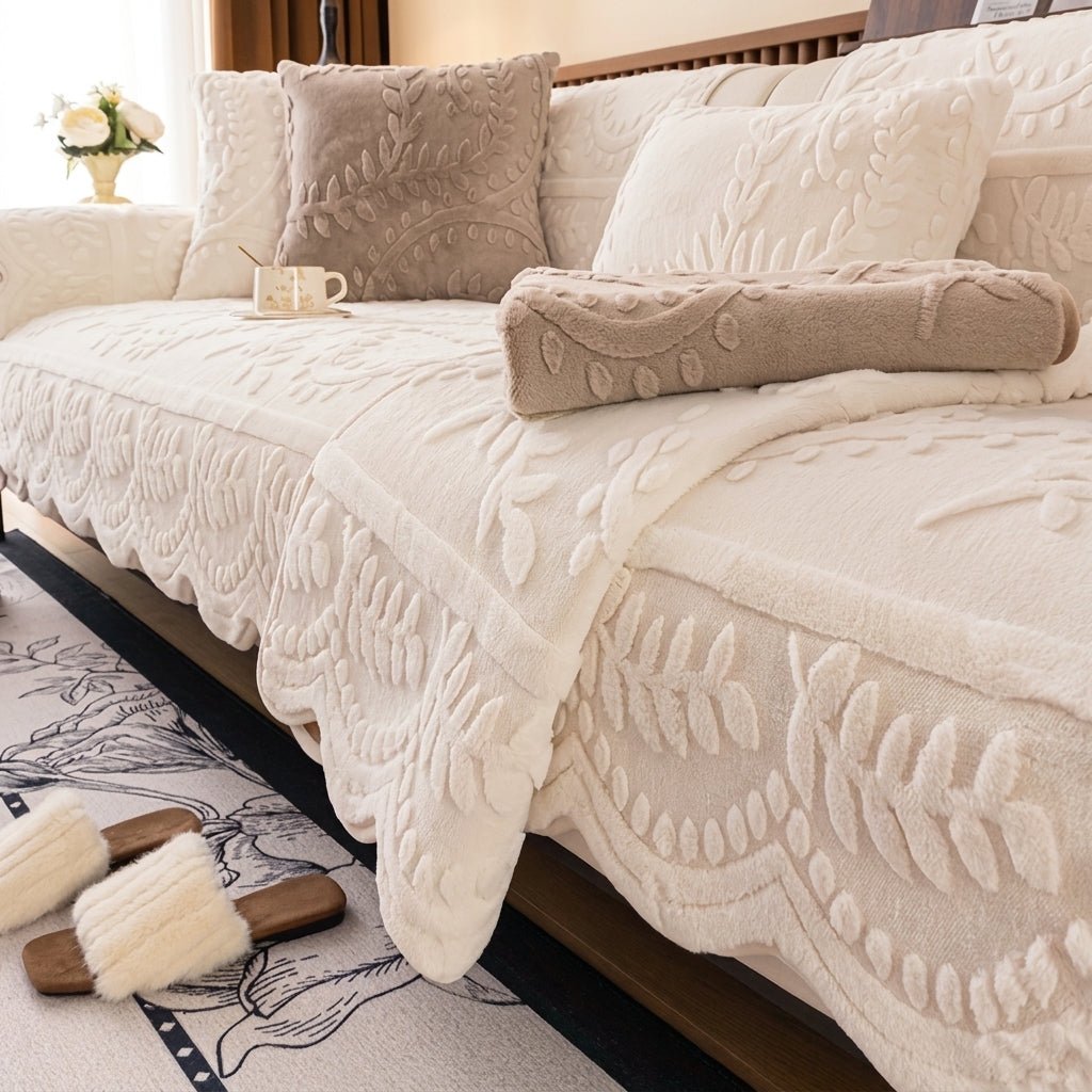 Quilted Sofa Throw Cover with Floral Pattern and Wavy Hem - Sofa Cover - Cream - Seravelle Home