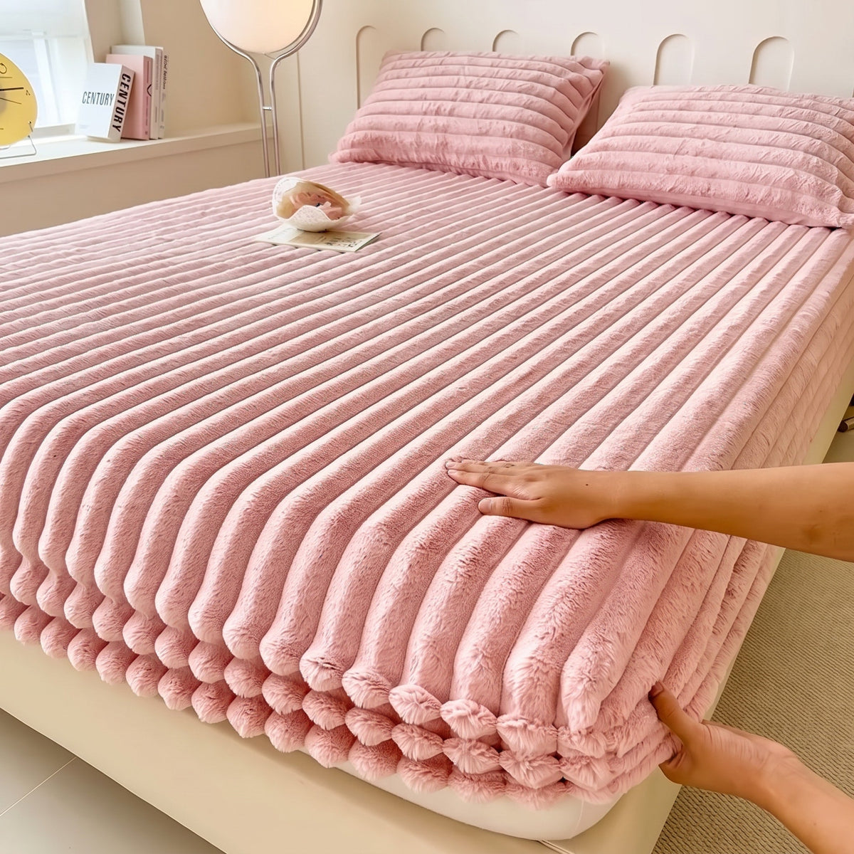 Ribbed Plush Fitted Bed Sheet with Elastic Fitted Corners - Bed Sheets - Pink - Seravelle Home