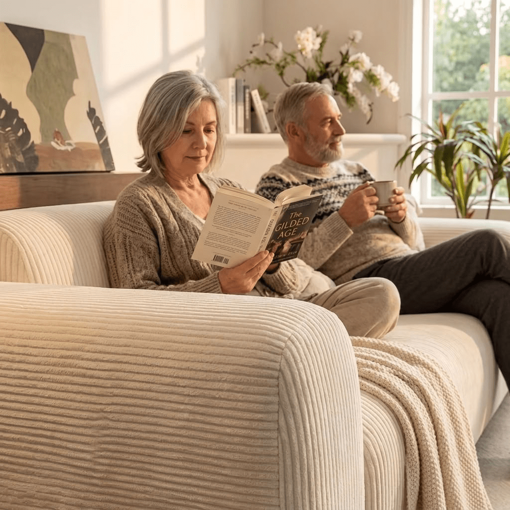 Ribbed Stretch Sofa Cover with Non Slip Fitted Design - Slipcovers - Cream - Seravelle Home