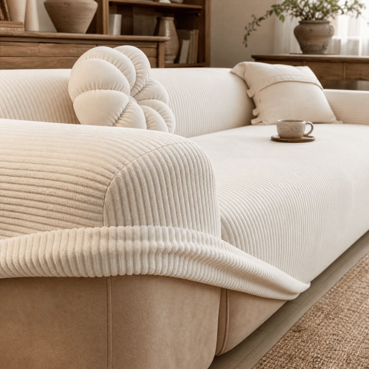 Ribbed Stretch Sofa Cover with Non Slip Fitted Design - Slipcovers - Cream - Seravelle Home