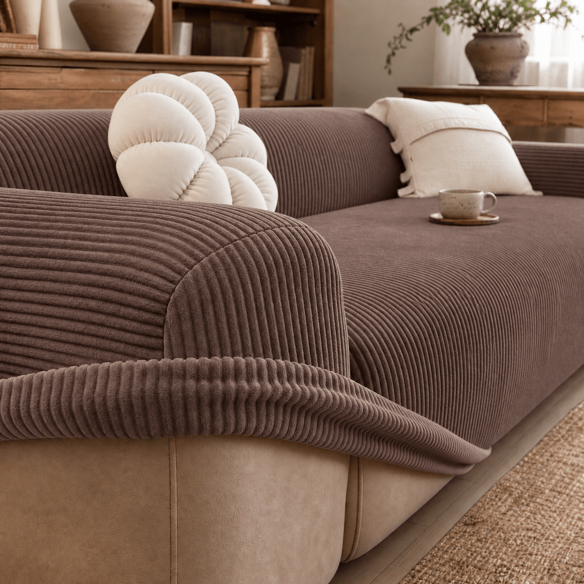 Ribbed Stretch Sofa Cover with Non Slip Fitted Design - Slipcovers - Dark Brown - Seravelle Home