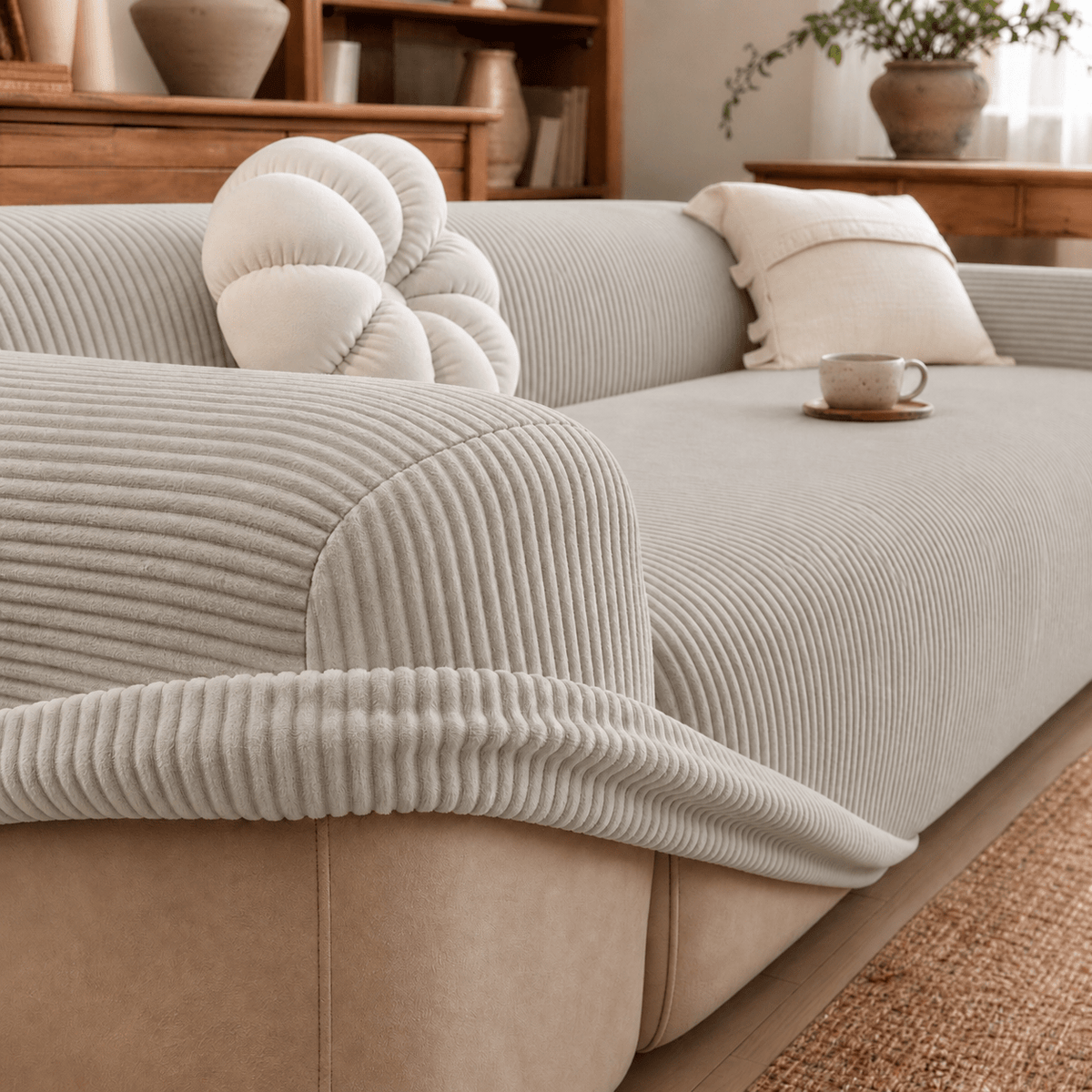 Ribbed Stretch Sofa Cover with Non Slip Fitted Design - Slipcovers - Light Grey - Seravelle Home
