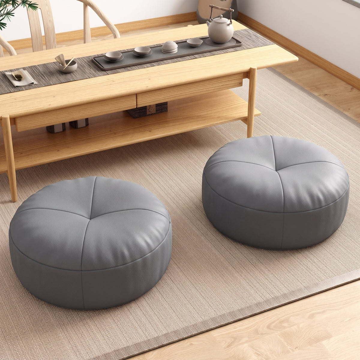 Round Floor Cushion Pouf with Segmented Panel Design - Ottomans - Dark Grey - Seravelle Home