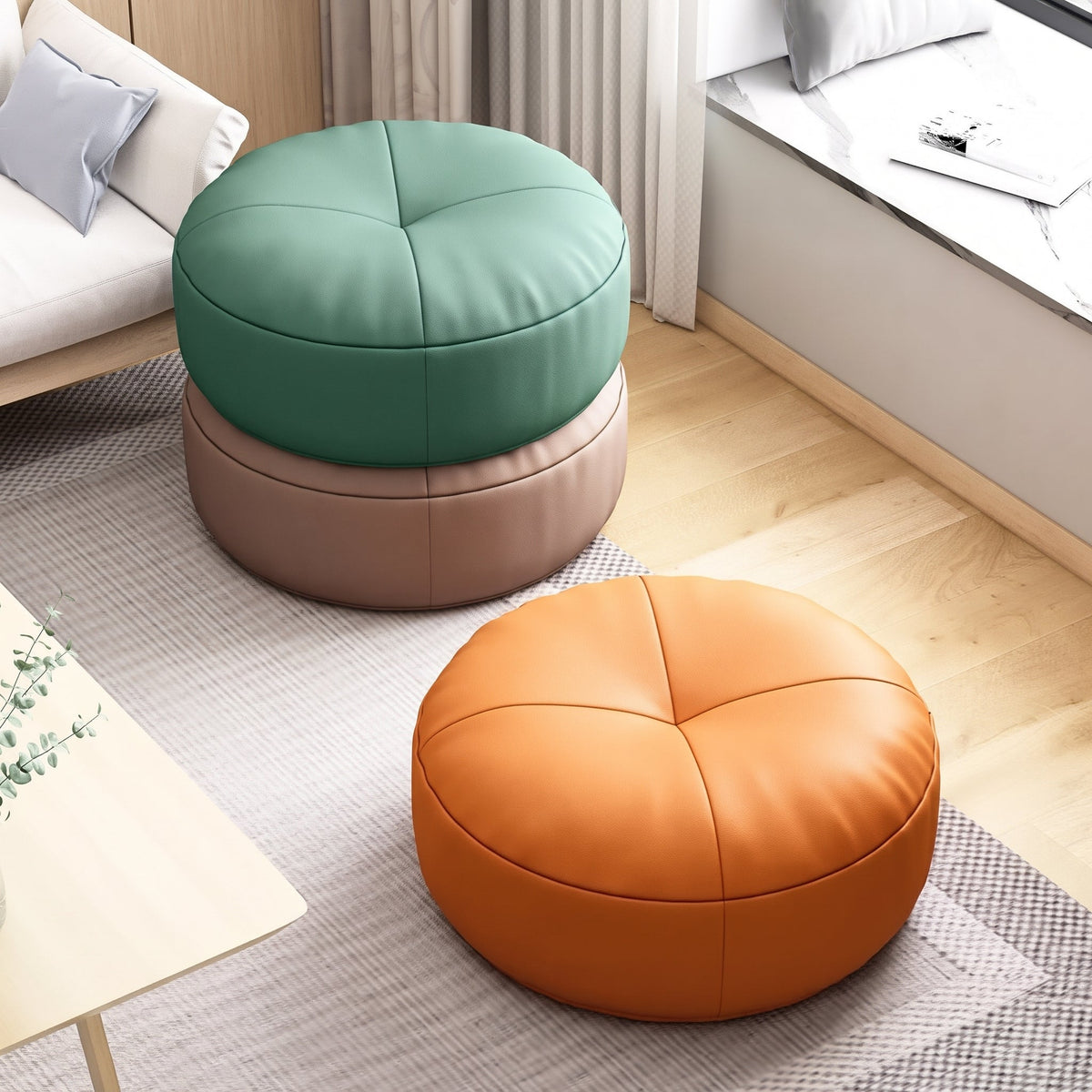 Round Floor Cushion Pouf with Segmented Panel Design - Ottomans - Green - Seravelle Home