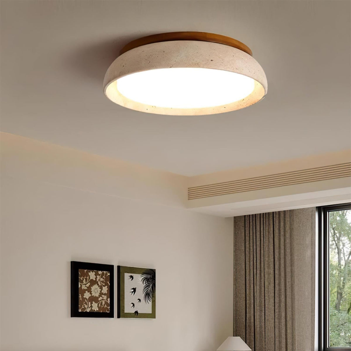 Round Stone Effect Flush Mount Ceiling Light With Wood Trim - Ceiling Light Fixtures - Seravelle Home