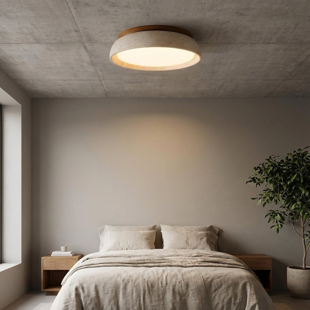 Round Stone Effect Flush Mount Ceiling Light With Wood Trim - Ceiling Light Fixtures - Seravelle Home