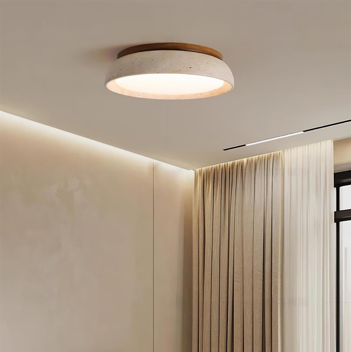 Round Stone Effect Flush Mount Ceiling Light With Wood Trim - Ceiling Light Fixtures - Seravelle Home