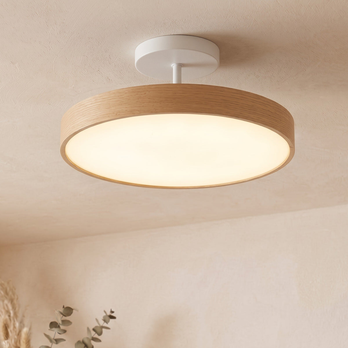 Round Wood Grain Ceiling Light with Brass Frame Accent - Ceiling Light Fixtures - Light Wood - Seravelle Home