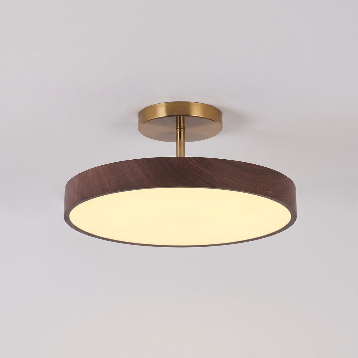 Round Wood Grain Ceiling Light with Brass Frame Accent - Ceiling Light Fixtures - Dark Wood - Seravelle Home