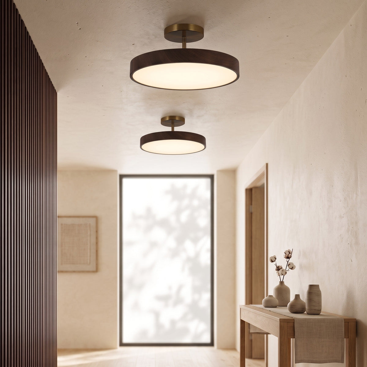 Round Wood Grain Ceiling Light with Brass Frame Accent - Ceiling Light Fixtures - Dark Wood - Seravelle Home