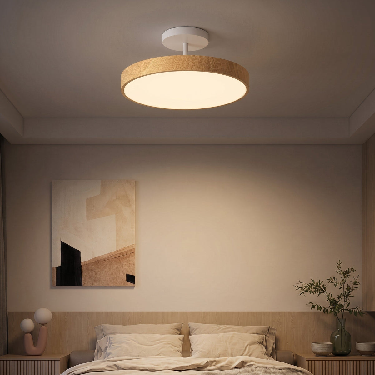 Round Wood Grain Ceiling Light with Brass Frame Accent - Ceiling Light Fixtures - Light Wood - Seravelle Home