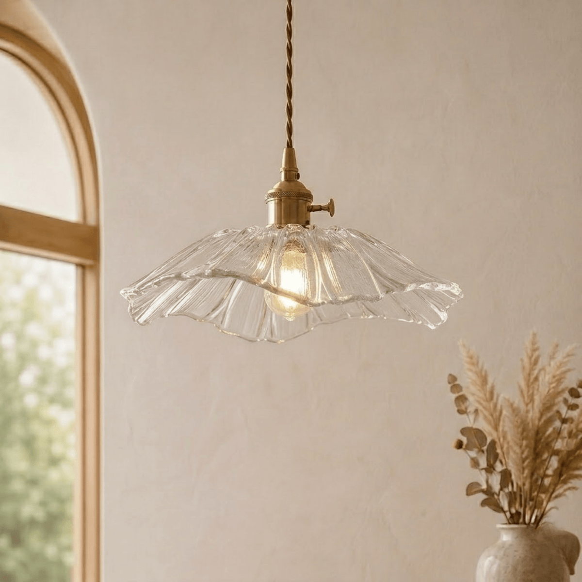 Scalloped Glass Petal Pendant Light with Brass Fitting - Pendant Light Fixtures - Transparent - Seravelle Home