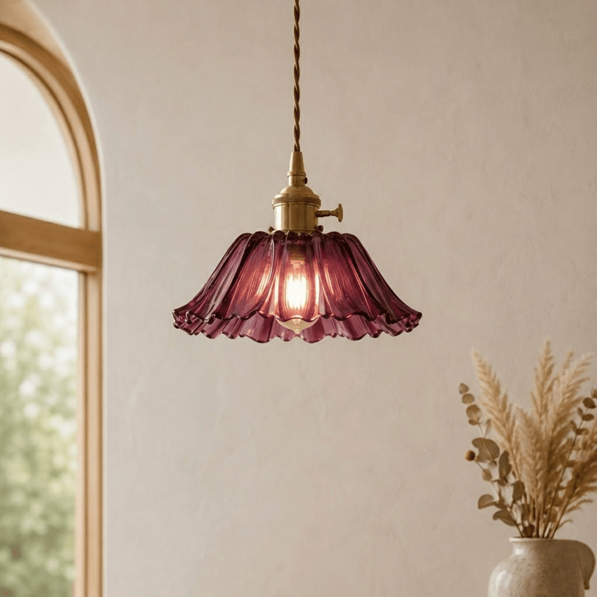 Scalloped Glass Petal Pendant Light with Brass Fitting - Pendant Light Fixtures - Purple - Seravelle Home