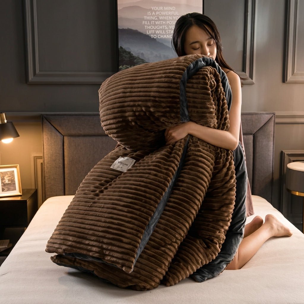 Soft Cozy Warm Plush Blanket with Ribbed Texture - Blanket - Brown - Seravelle Home