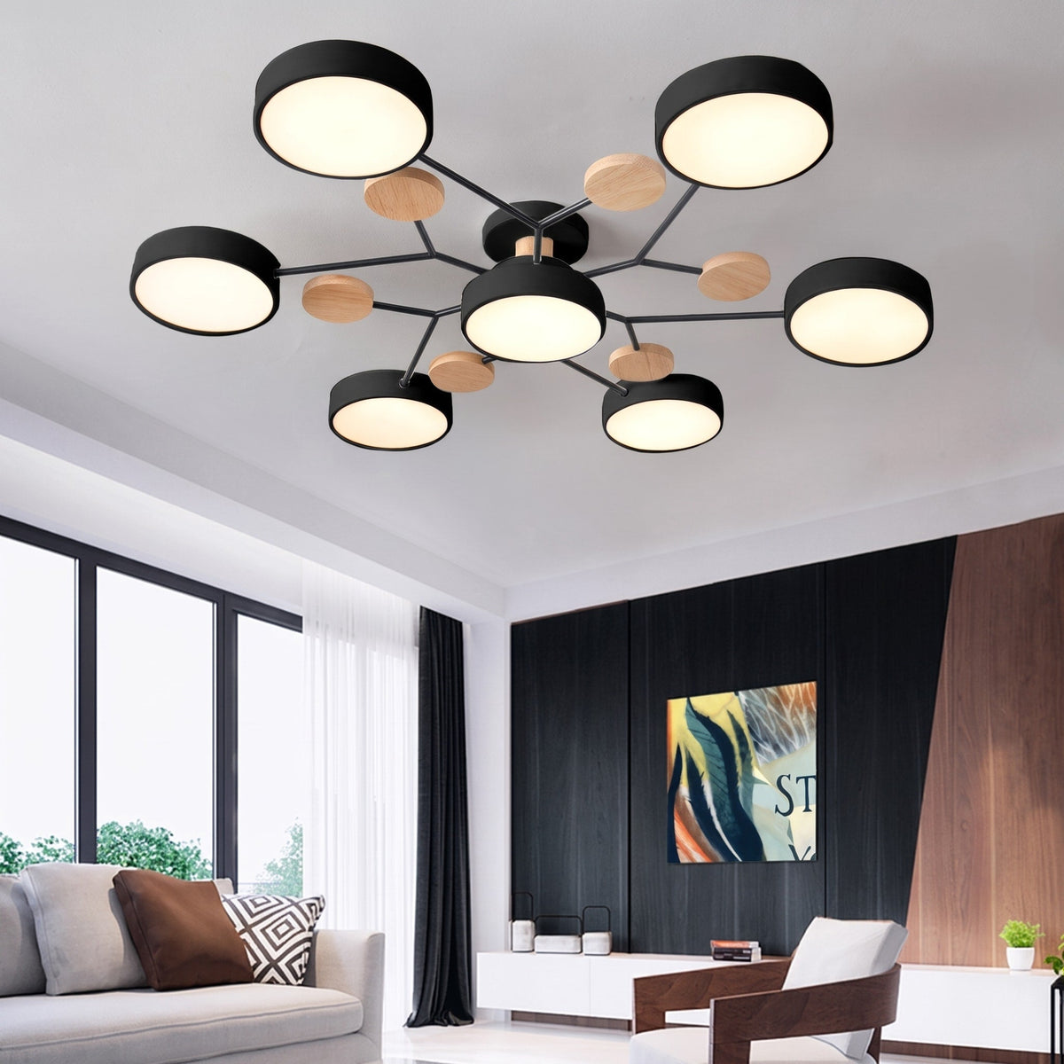 Sputnik Style Semi-Flush Ceiling Light with Wood Accents - Ceiling Light Fixtures - Black - Seravelle Home
