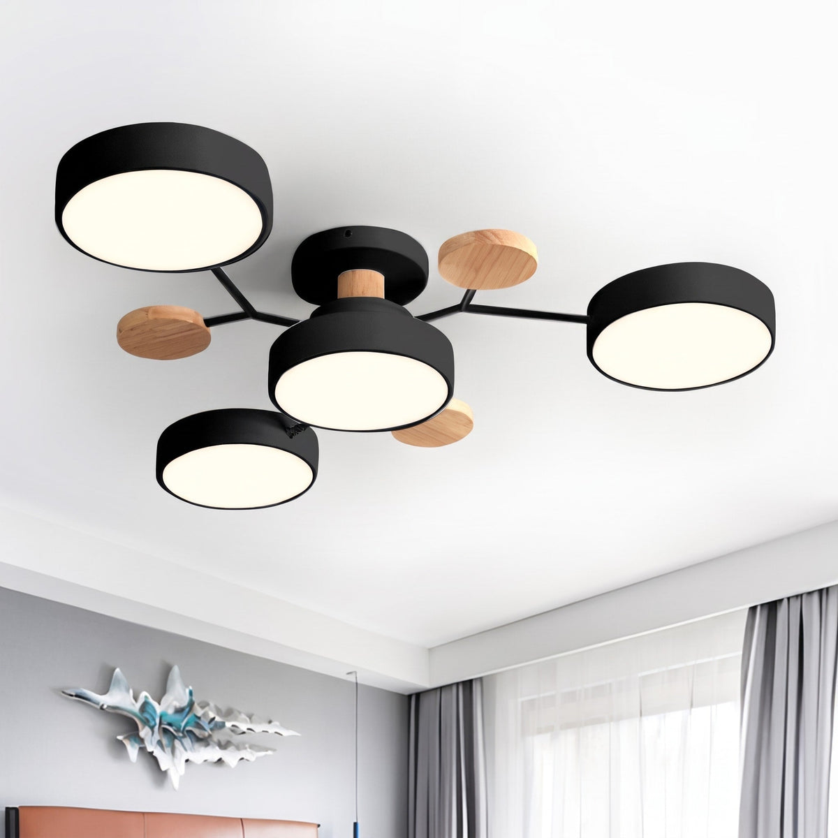 Sputnik Style Semi-Flush Ceiling Light with Wood Accents - Ceiling Light Fixtures - Black - Seravelle Home
