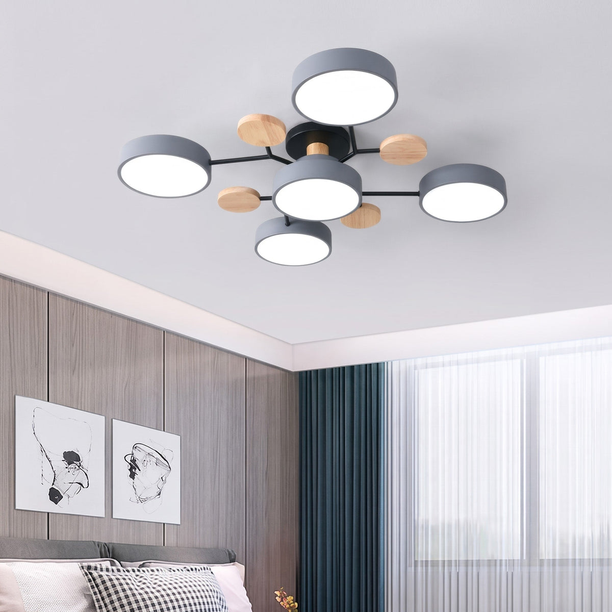 Sputnik Style Semi-Flush Ceiling Light with Wood Accents - Ceiling Light Fixtures - Grey - Seravelle Home
