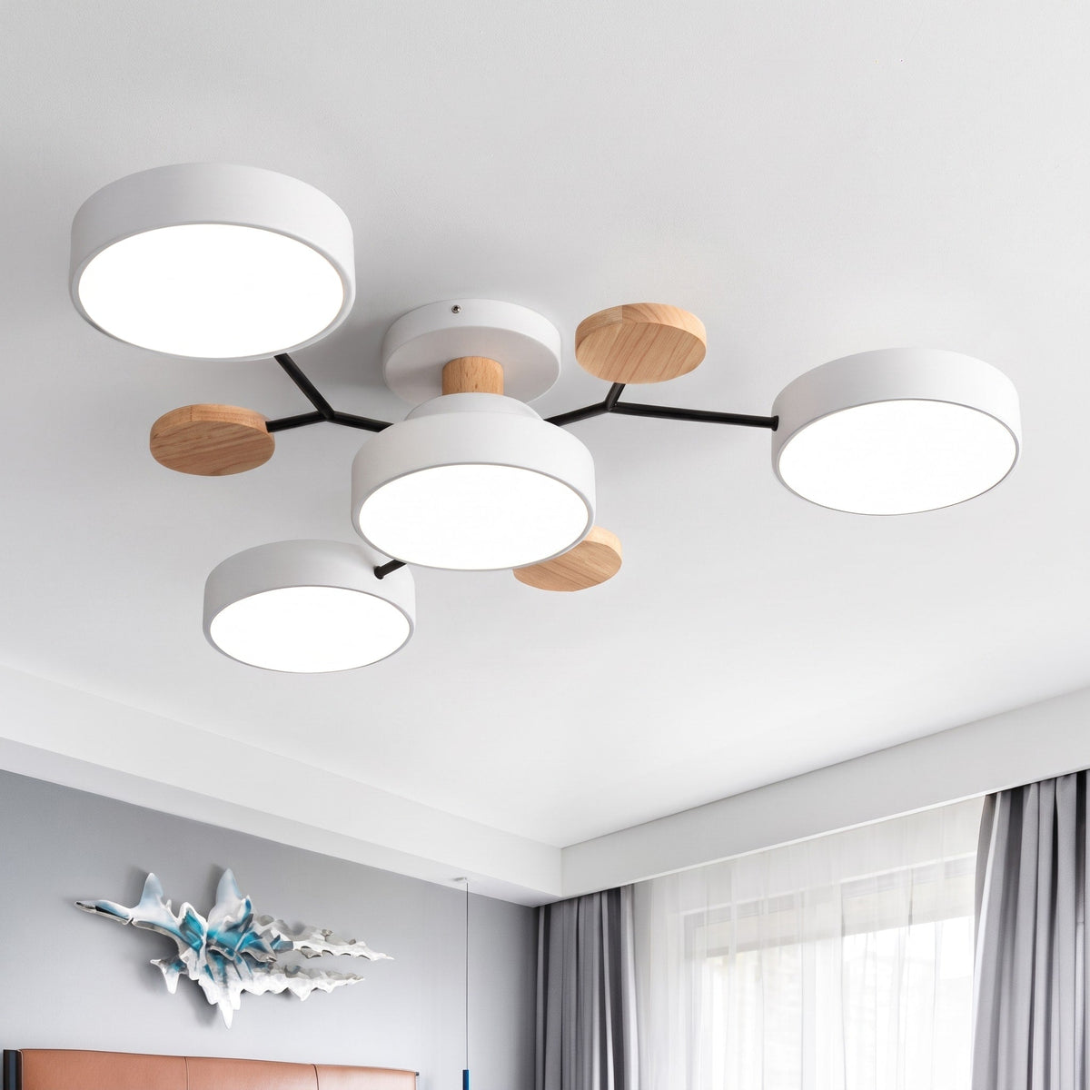 Sputnik Style Semi-Flush Ceiling Light with Wood Accents - Ceiling Light Fixtures - White - Seravelle Home