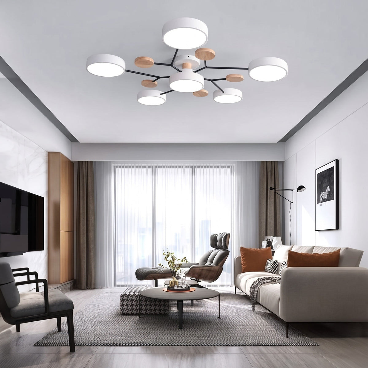 Sputnik Style Semi-Flush Ceiling Light with Wood Accents - Ceiling Light Fixtures - White - Seravelle Home