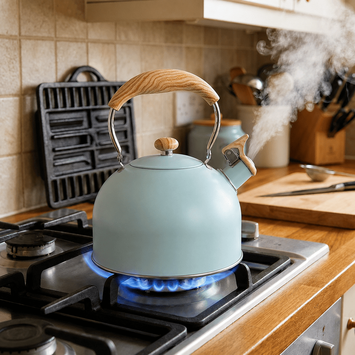 Stainless Steel Whistling Kettle with Wooden Handle - Stovetop Kettles - Black - Seravelle Home