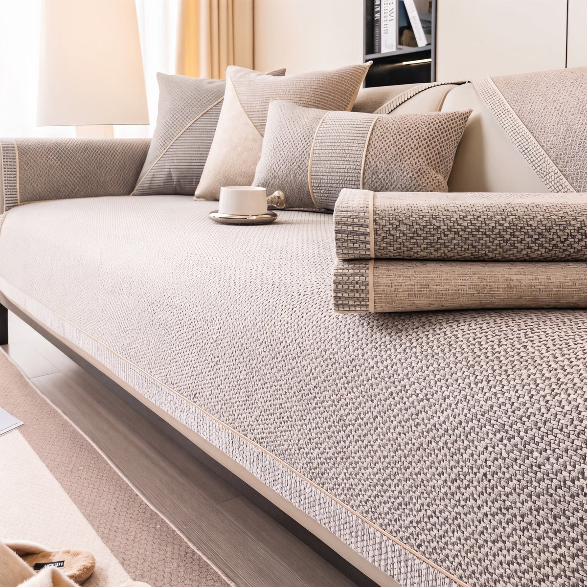 Textured Woven Sofa Cover with Non-Slip Backing - Slipcovers - Beige - Seravelle Home