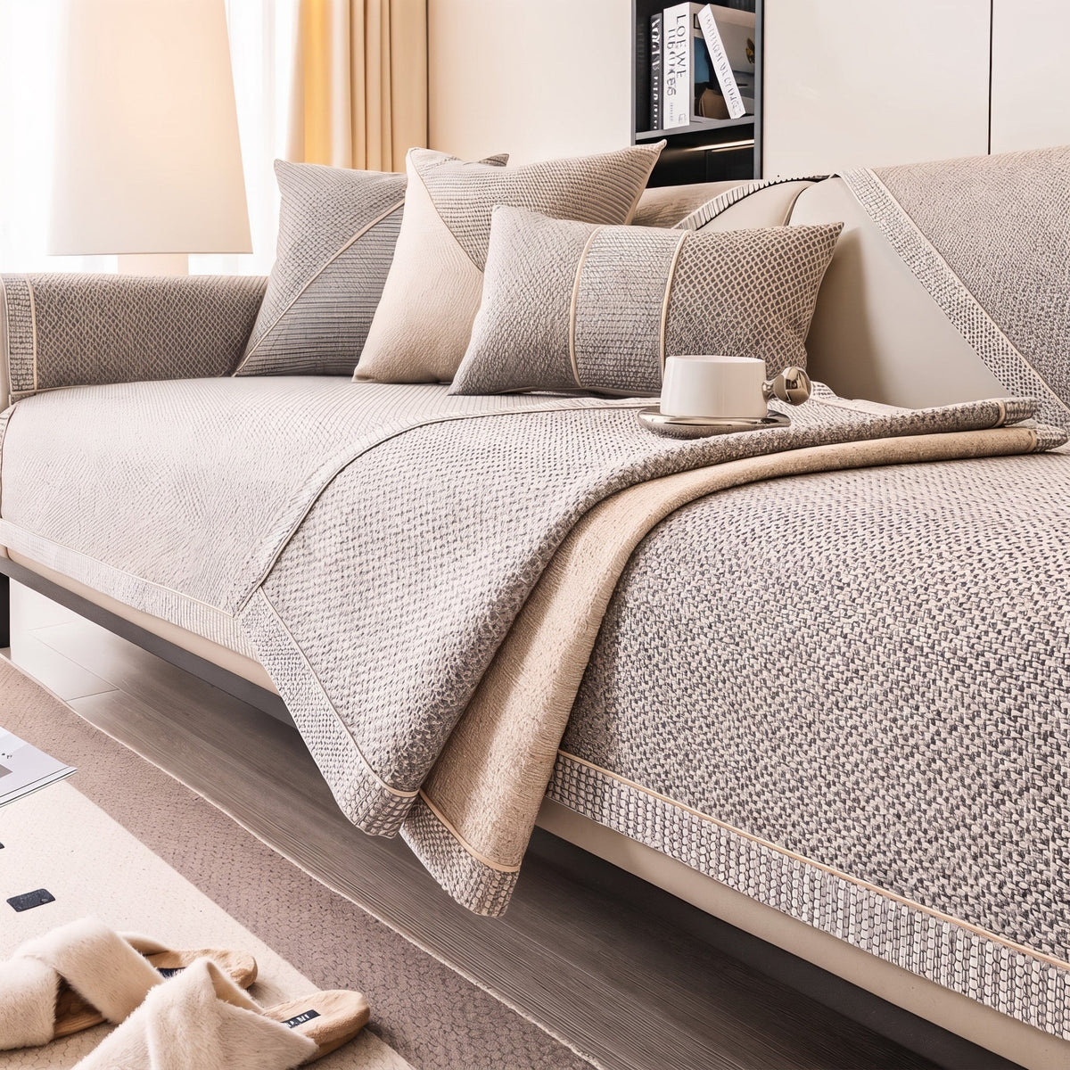 Textured Woven Sofa Cover with Non-Slip Backing - Slipcovers - Beige - Seravelle Home