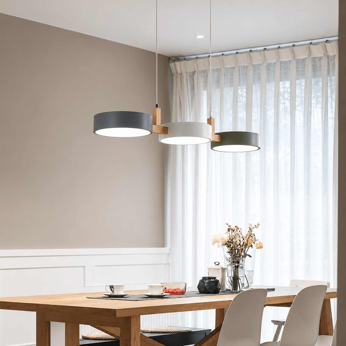 Three-Light Wooden Pendant Lamp with Round Metal Shades - Pendant Light Fixtures - White-Grey-Green - Seravelle Home