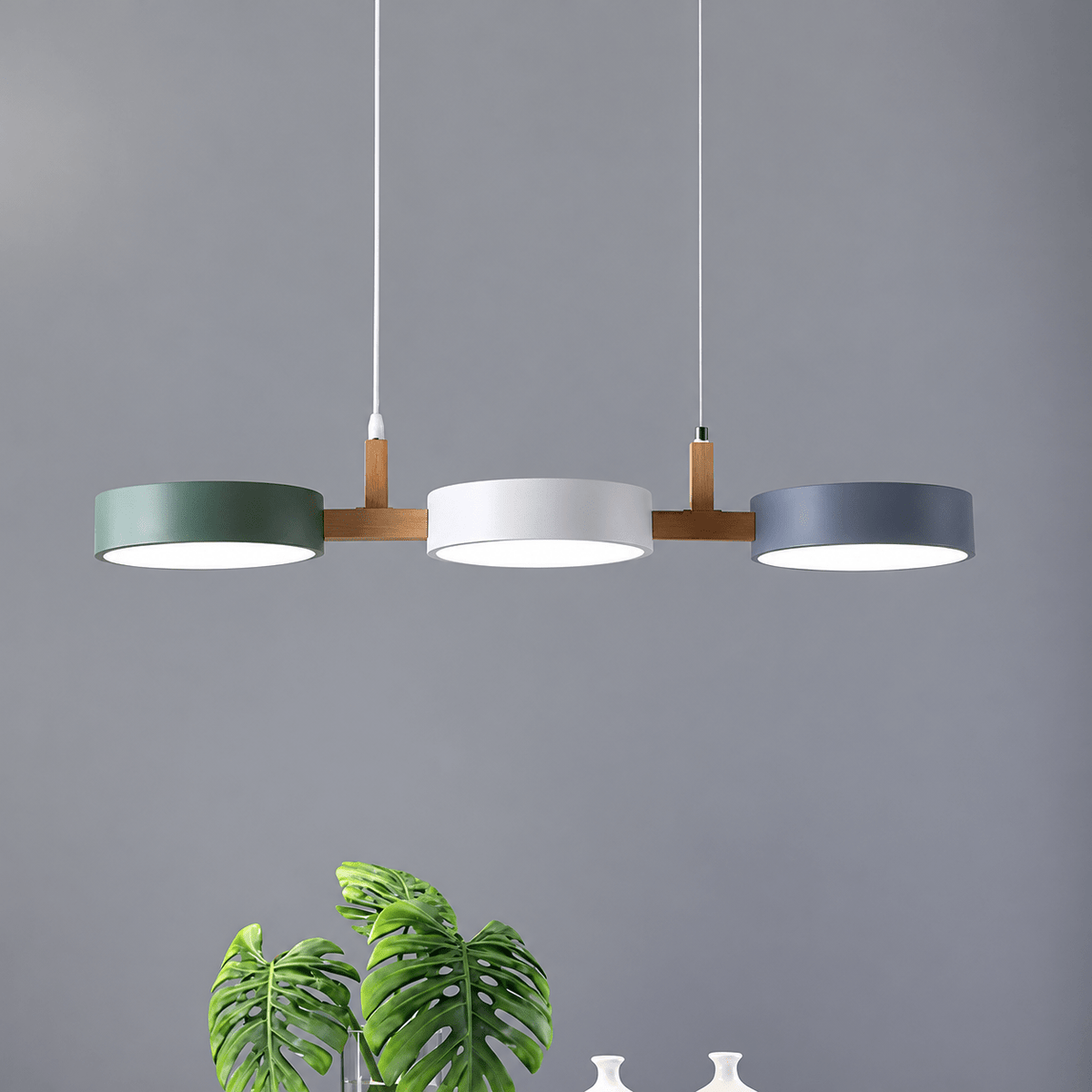 Three-Light Wooden Pendant Lamp with Round Metal Shades - Pendant Light Fixtures - White-Grey-Green - Seravelle Home
