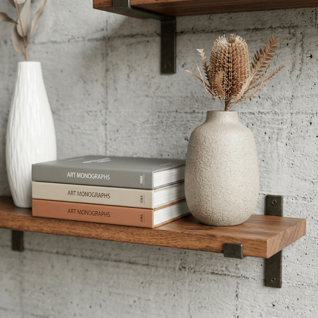 Timber Wall Shelf with Metal Lip Brackets - Floating Wall Shelves & Ledges - 30×20×2 cm - Seravelle Home