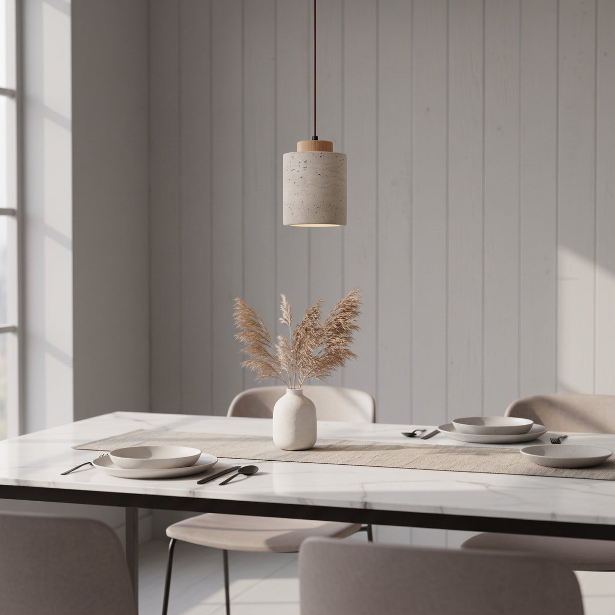 Travertine Pendant Light with Wood Cap Detail - Pendant Light Fixtures - Oak - Seravelle Home