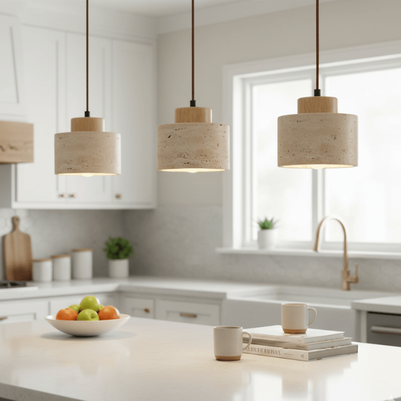 Travertine Pendant Light with Wood Cap Detail - Pendant Light Fixtures - Oak - Seravelle Home